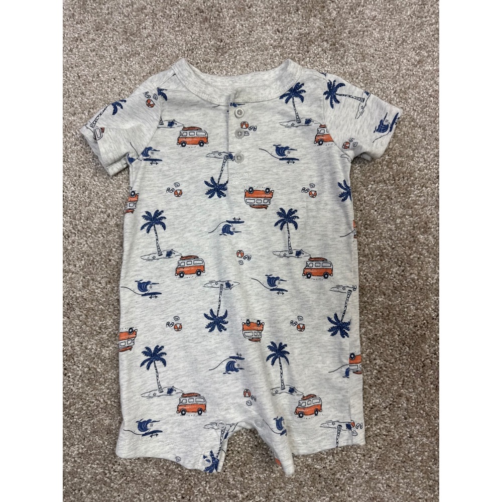 Carters Baby Boy Gray Beach Surf Van Palm Tree Henley Romper 9M